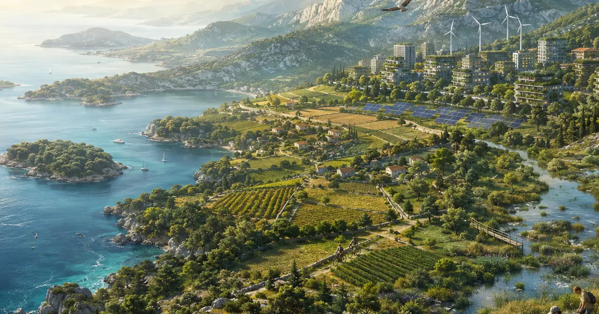 Ilustrirani krajolik Hrvatske koji povezuje obalu, šume, vode, gradove i ljude na terenu